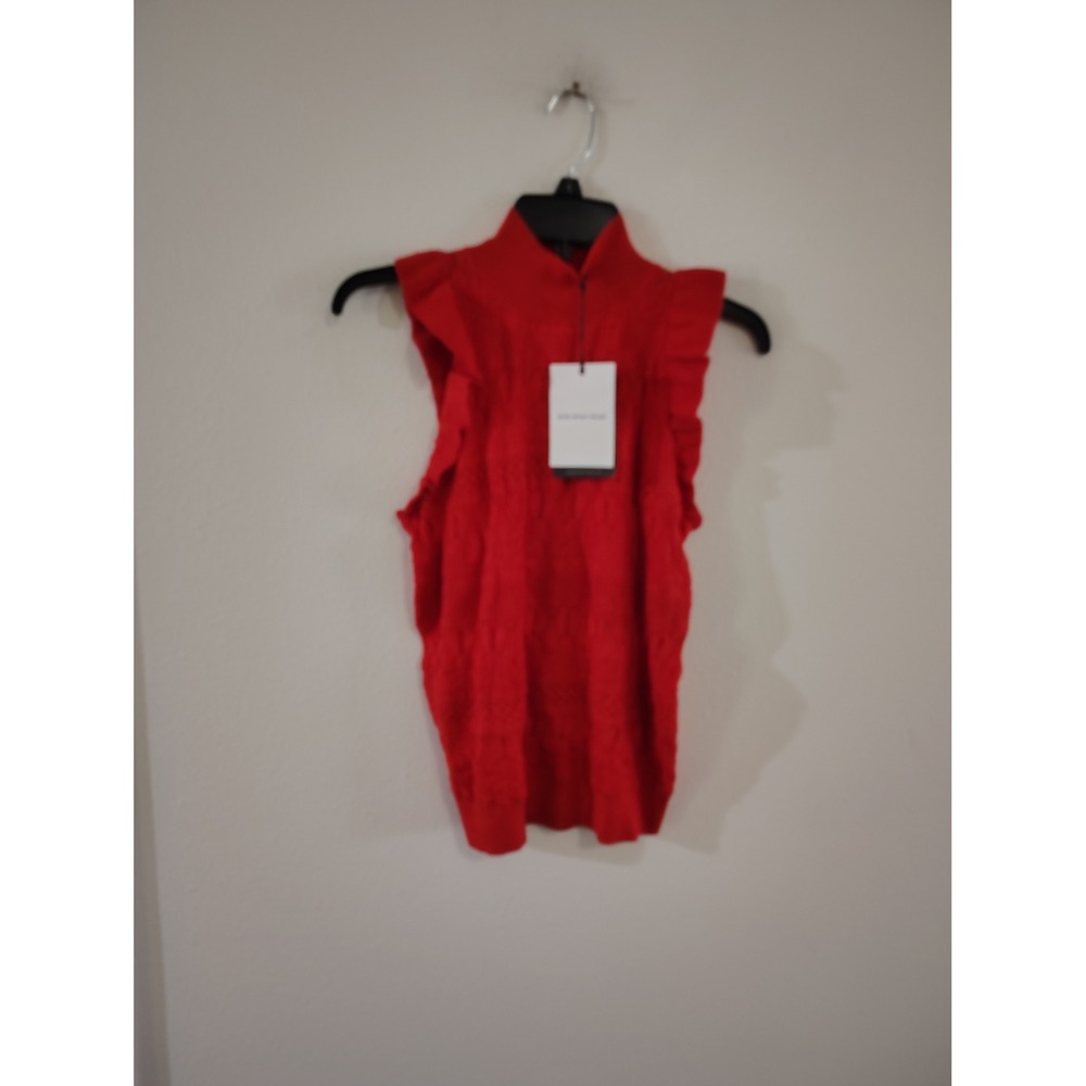 Who What Wear Red Pointelle Ruffle Mock Neck Sleeveless Knit Top Large NWT